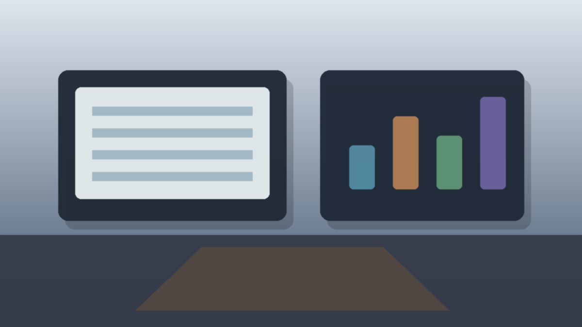 A game developer workstation with active screen displays showing project tasks and organized financial spreadsheets.